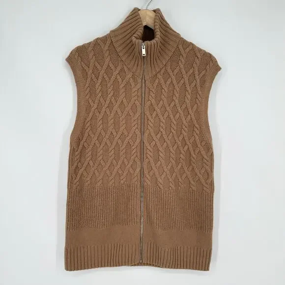 COS Men's Cable Knit Sweater Vest 100% Wool Sleeveless Full Zip Rib Knit, Tan - Picture 8 of 14
